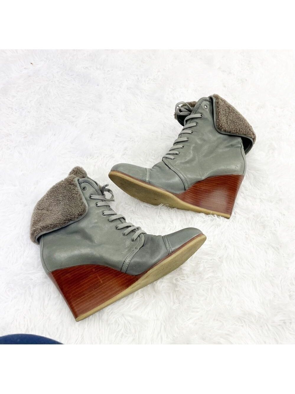 Barbara Bui Shearling Foldover Lace Up Leather Wedge Booties - Picture 5 of 8
